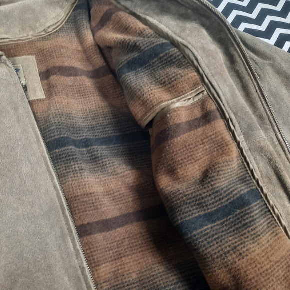 Cabelas Leather Mens XL Suede Bomber Jacket Brown Blanket Lined Workwear Coat - Picture 2 of 5